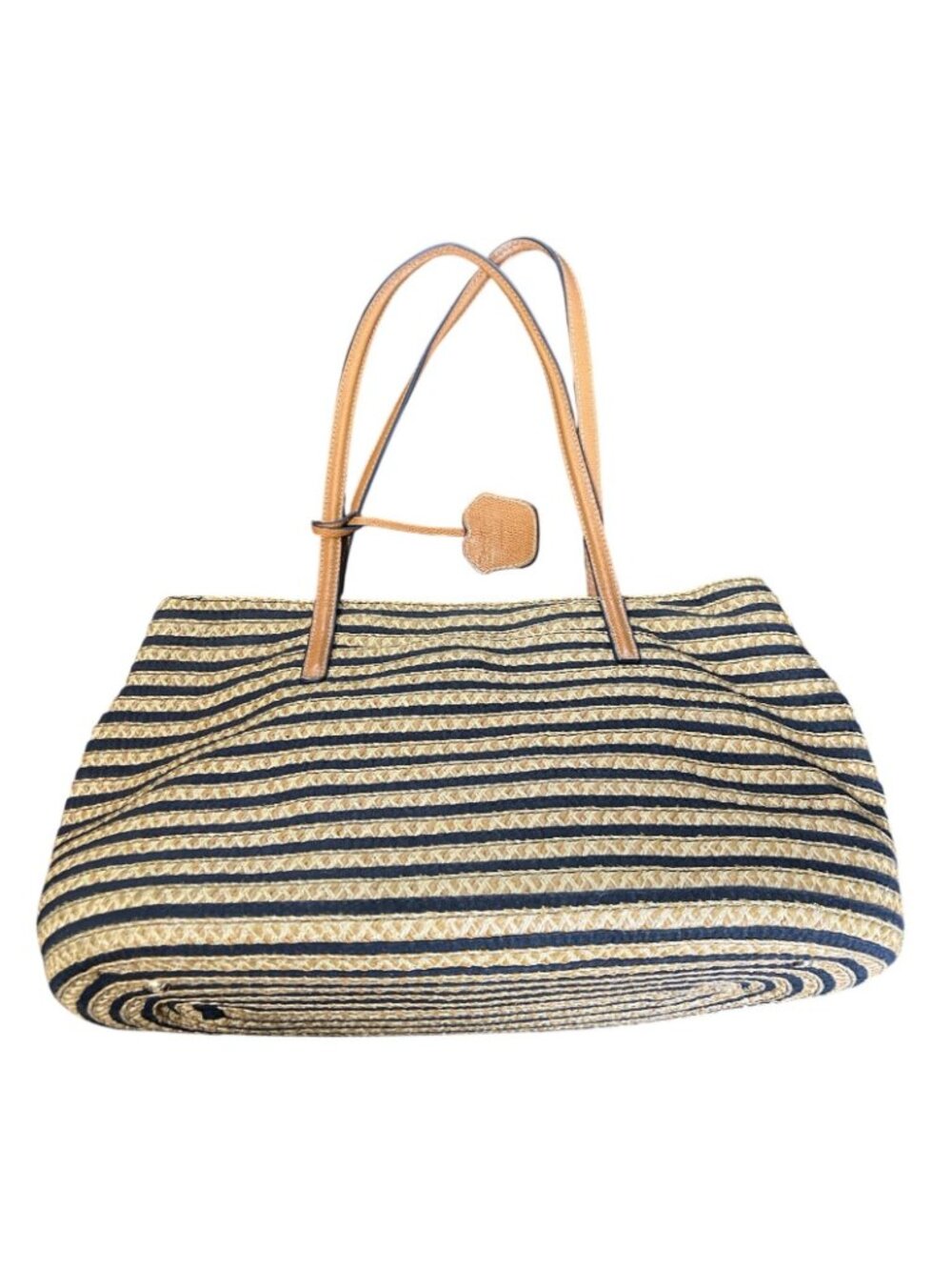 Eric Javits Striped Woven Straw Raffia Tote Bag With Leather Handles - Picture 2 of 7